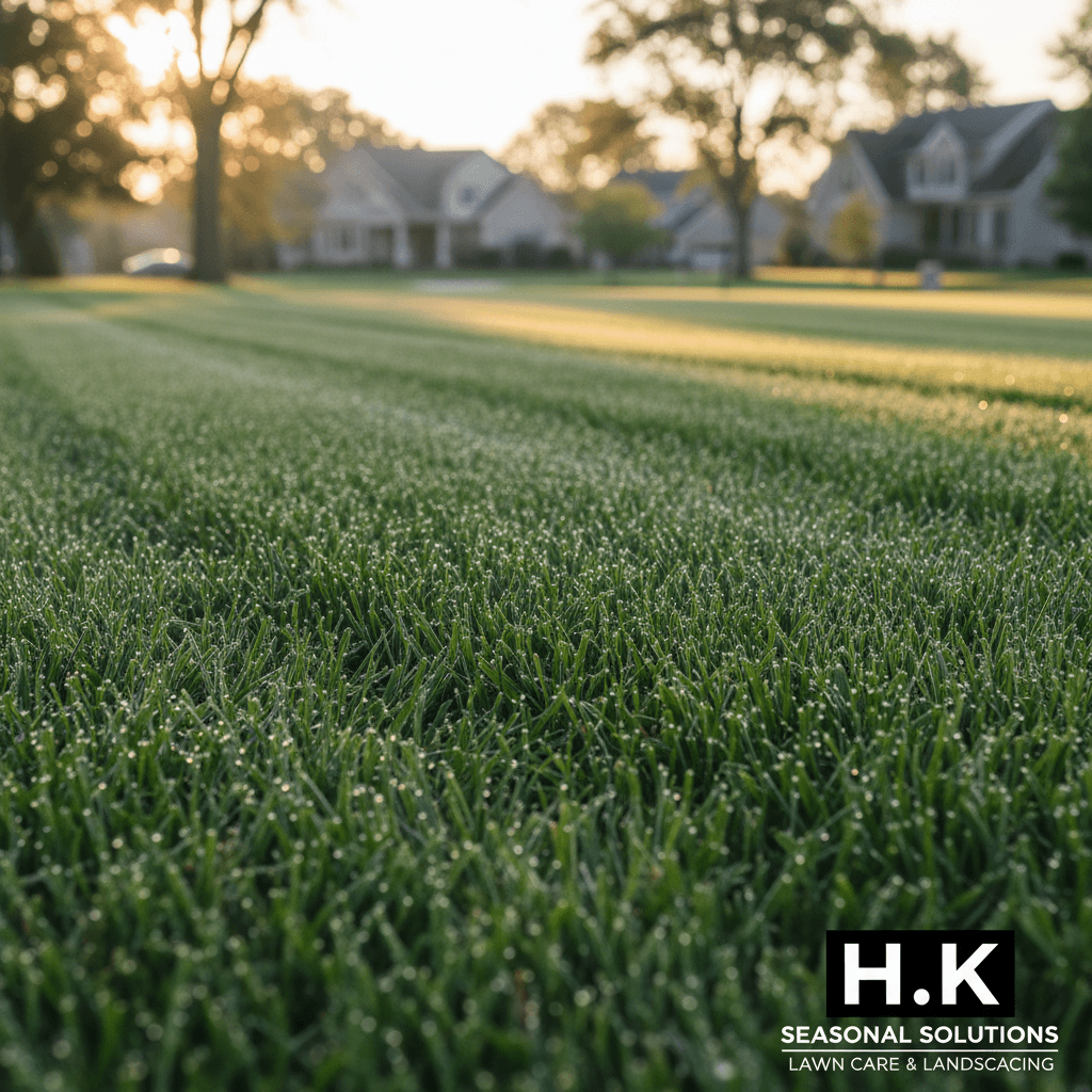 Freshly mowed lawn with morning dew, vibrant green grass under soft dawn light