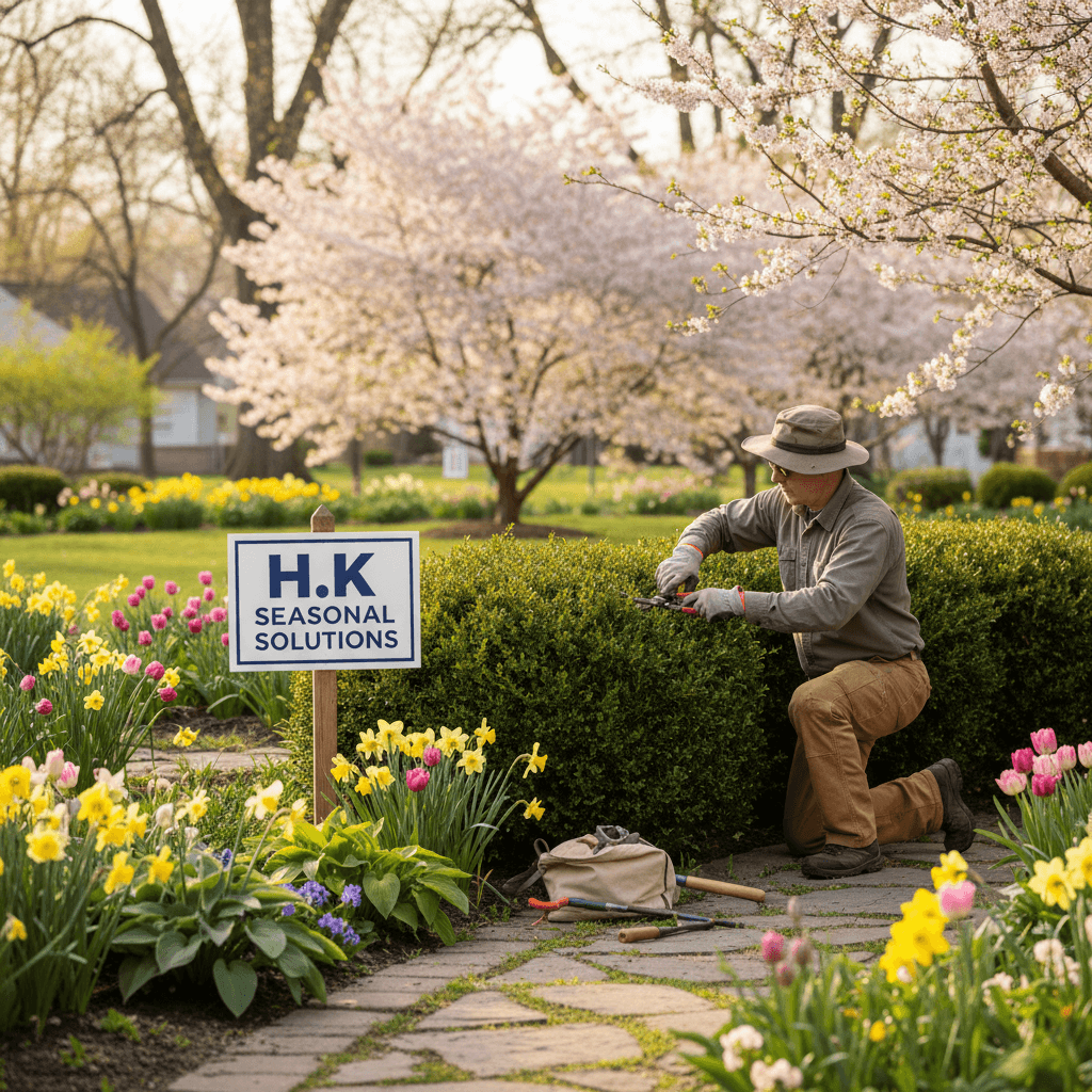 Gardener pruning shrubs in a lush residential garden, preparing for spring.