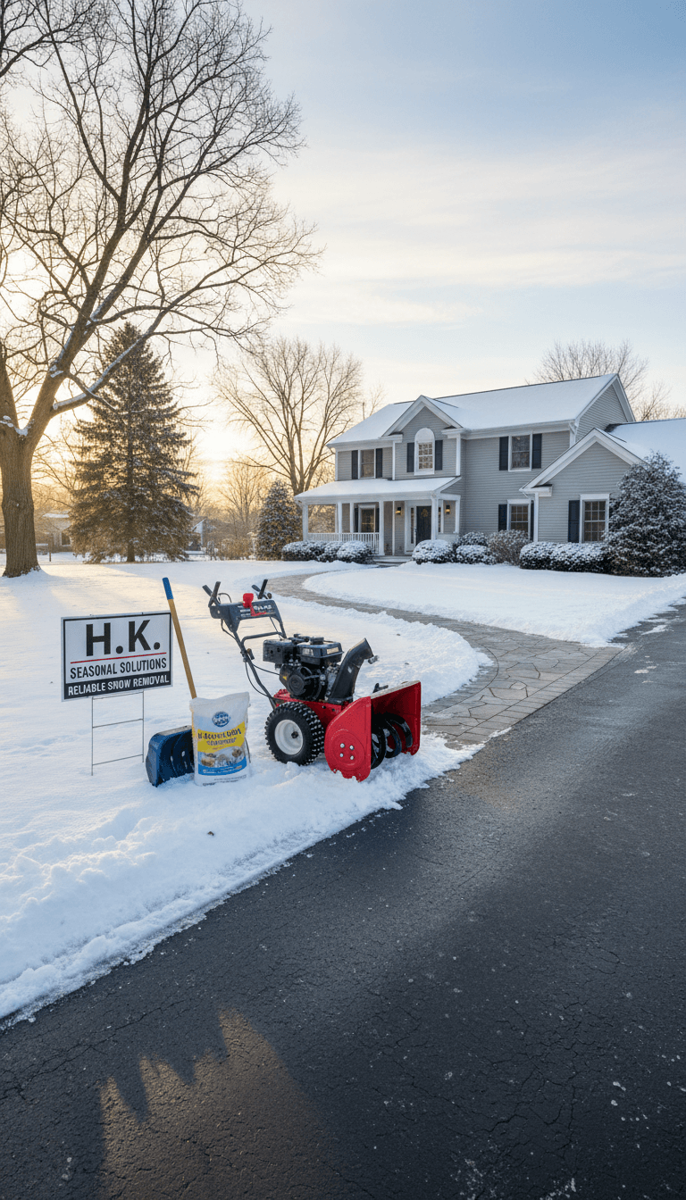 Suburban driveway and walkway cleared of snow, with shovel and equipment visible.