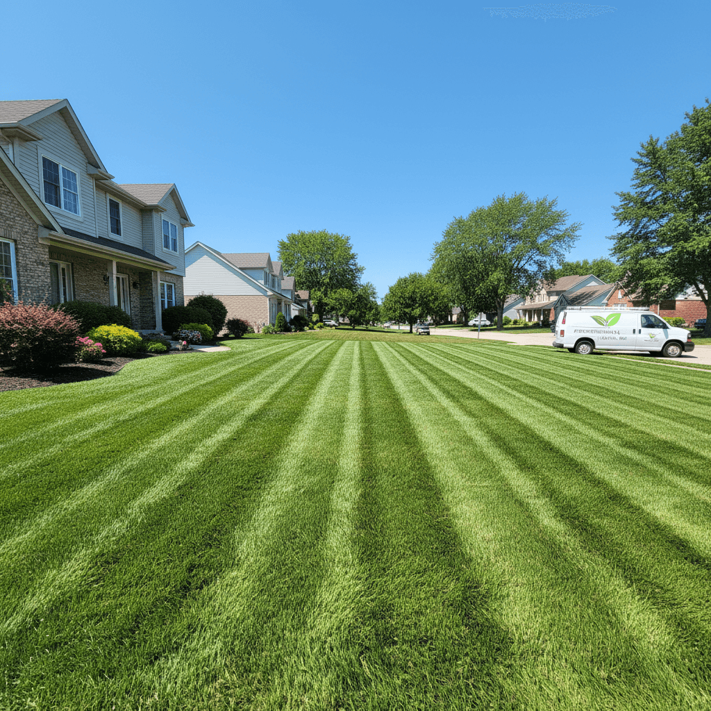 Well-maintained yard with freshly cut lawn and clear mower stripes under a blue sky.