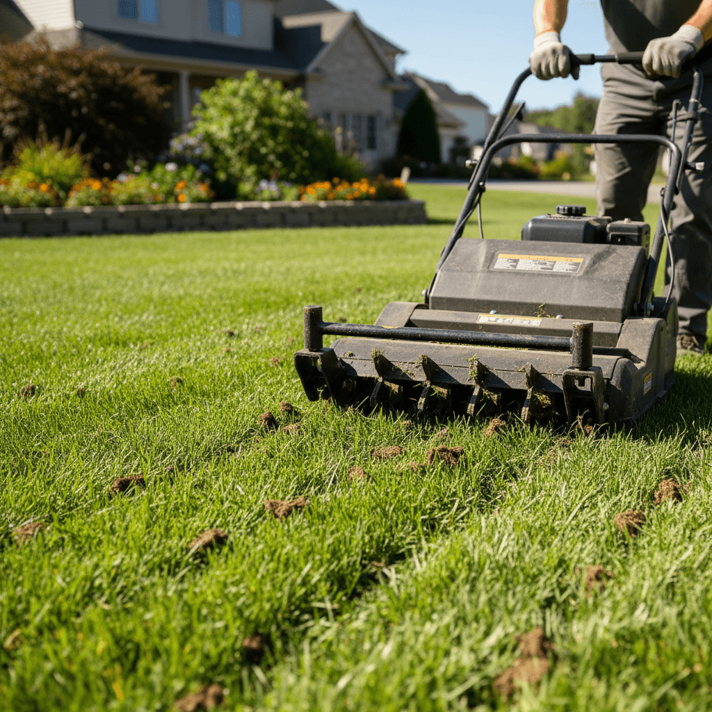Landscaper's hands operating lawn aerator on lush residential grass with fresh soil perforations visible