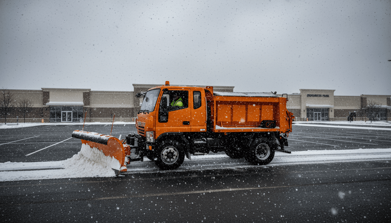 snowplow clearing snow from commercial parking lot in winter