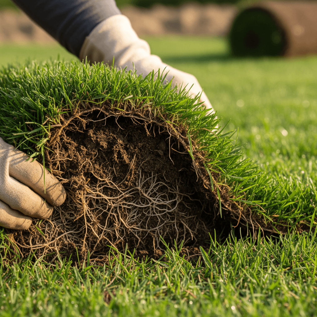 Landscaper inspecting the condition of a lawn, checking grass health