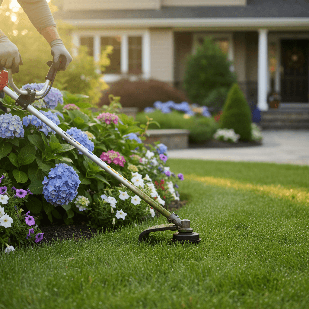 Single landscaper working in a residential yard with rake and leaf blower equipment