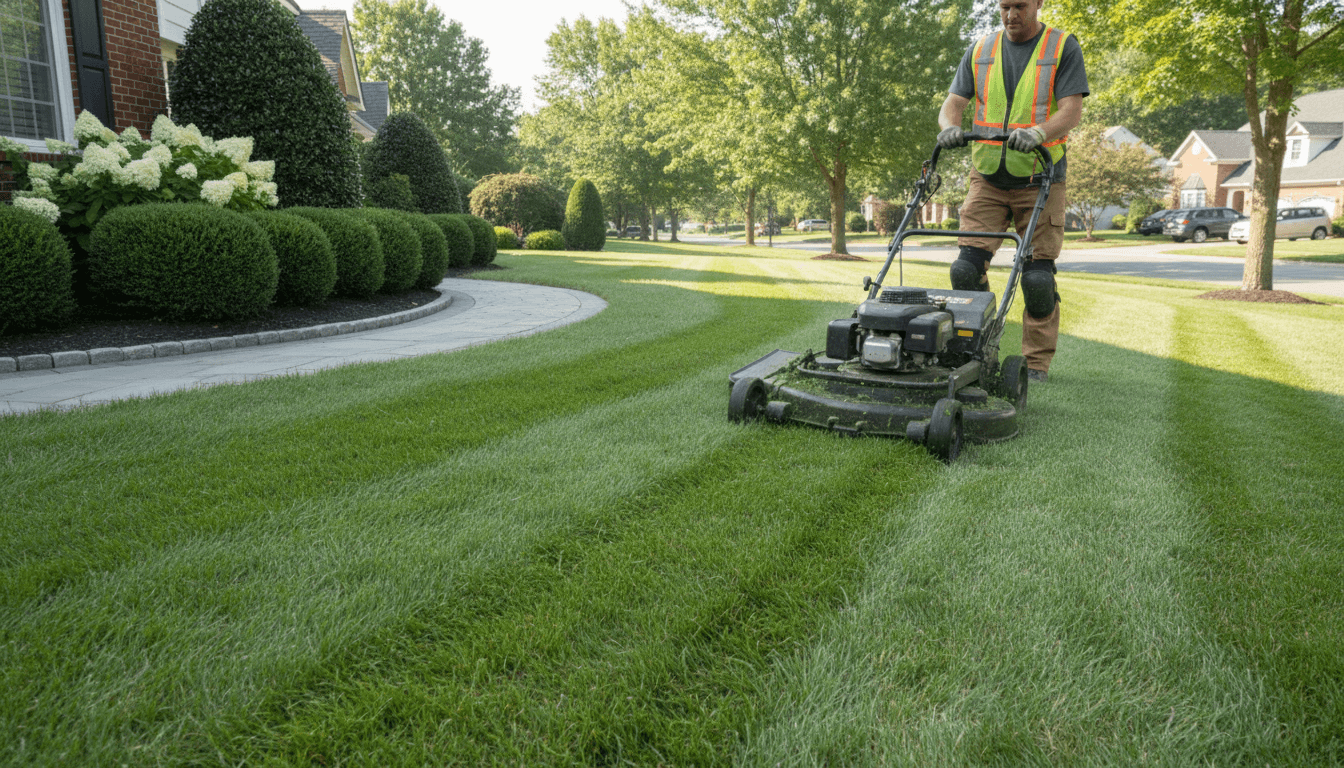 Professional landscaper pushing lawn mower across a green suburban yard