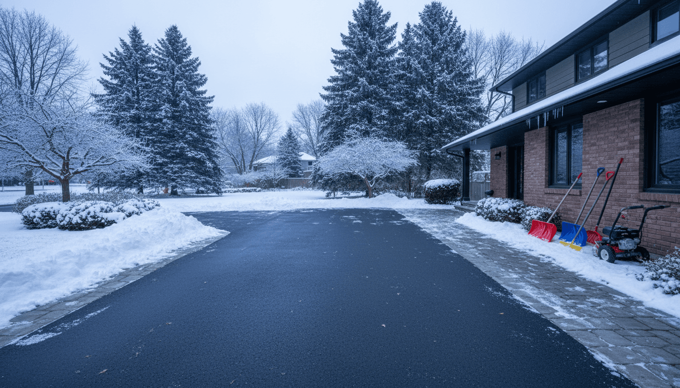 snowplow clearing snow from residential driveway during winter storm