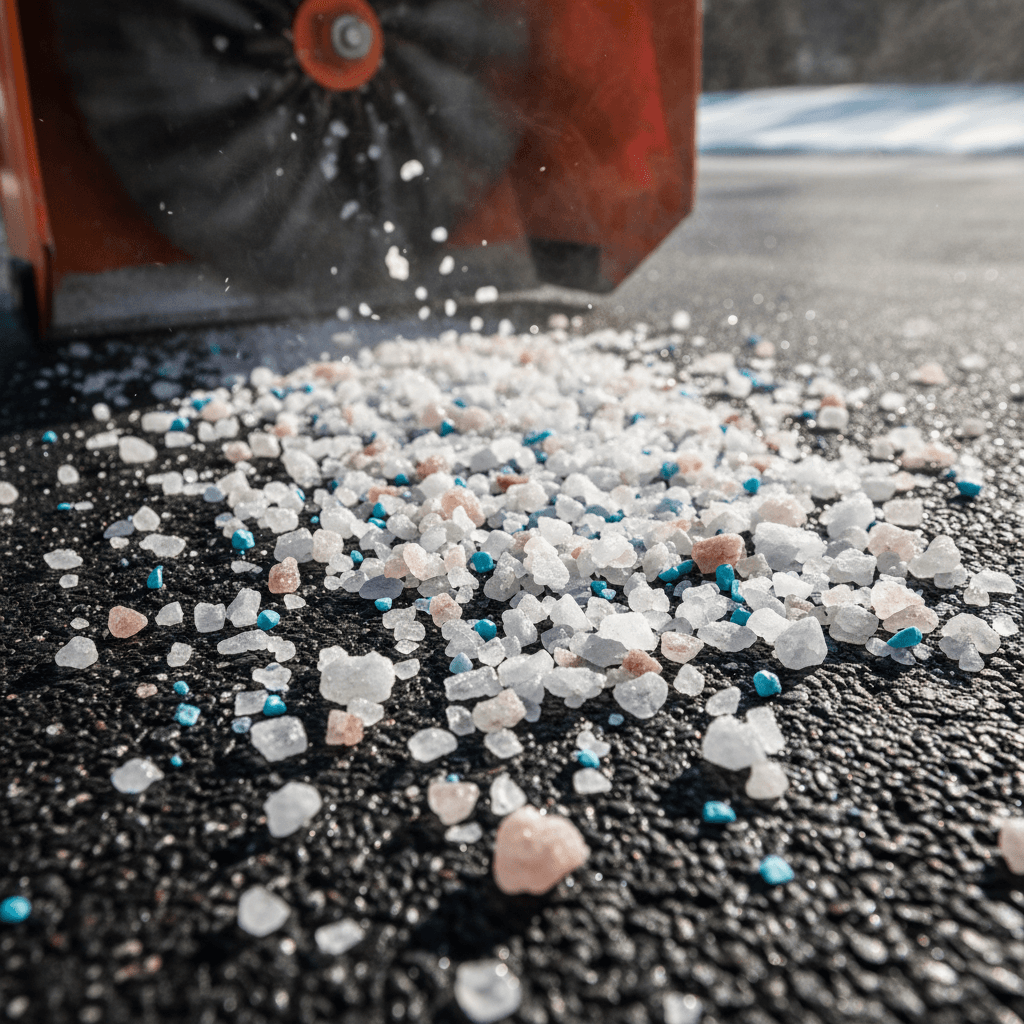 person spreading salt or ice melt on icy sidewalk in winter