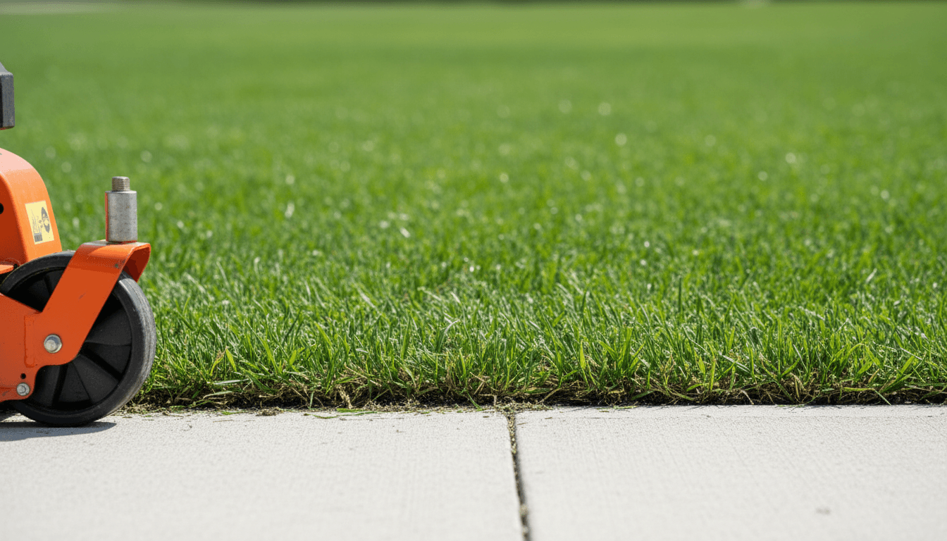 Close-up of professional landscape edging along a concrete driveway