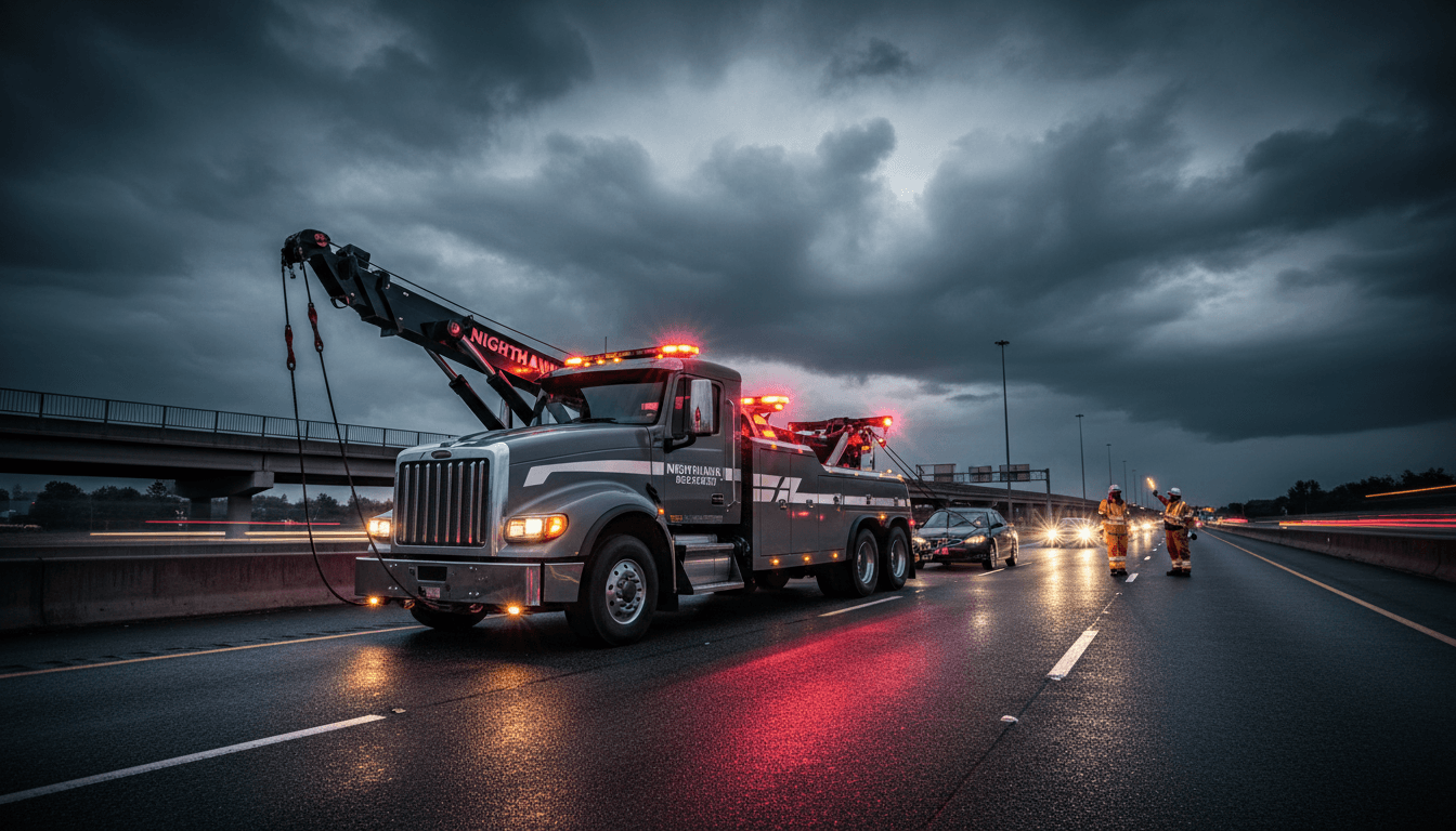 snowplow truck driving on snowy road at night with headlights on