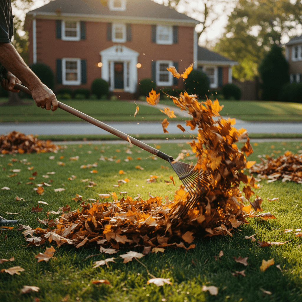Worker in orange vest raking fallen leaves and debris from a lawn in early spring