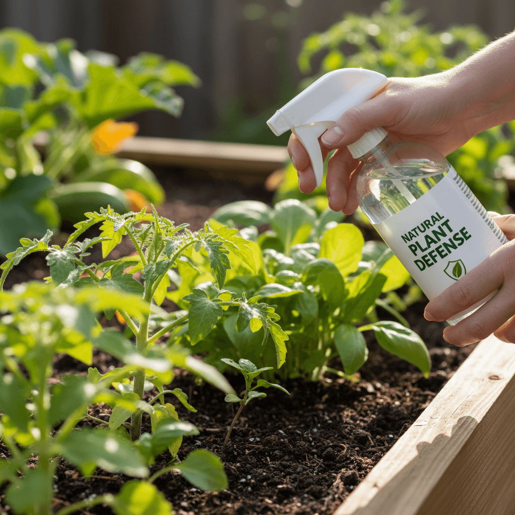 Gardener applying weed control treatment to garden beds with a sprayer