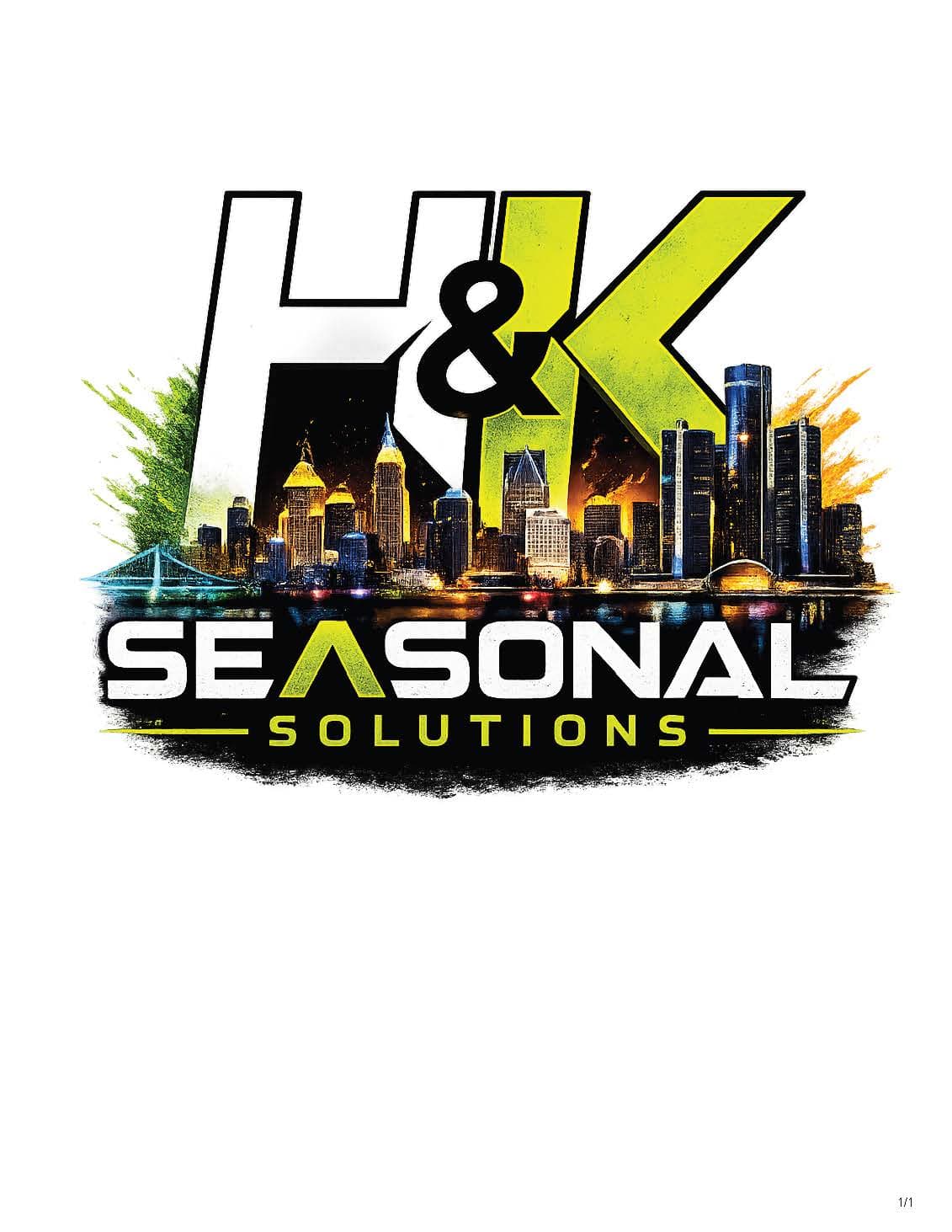 H&K Seasonal Solutions logo featuring a night city skyline and water reflection graphic.